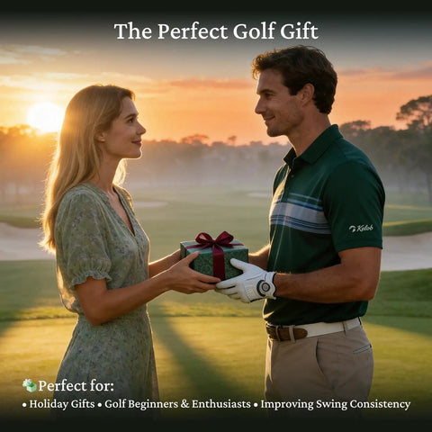 Man and woman exchanging a gift at sunset on a golf course.