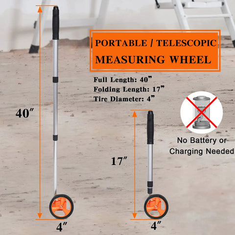 Distance Measuring Wheel With 20 Flag Markers, 40 Inch Reach, 4 Inch Wheel, Measures Feet And Inches, One Button Reset shown expanded