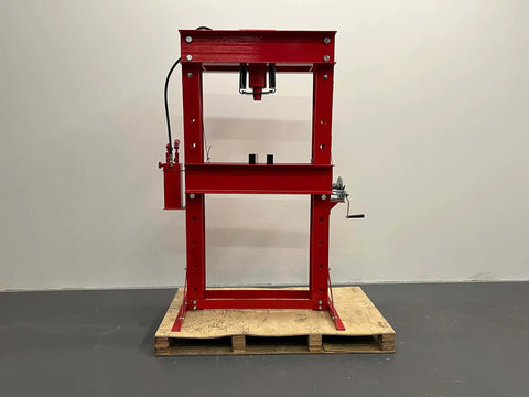 Heavy Duty High Capacity Dual Speed Hydraulic Shop Press providing smooth fast and slow pump action displayed on a pallet.