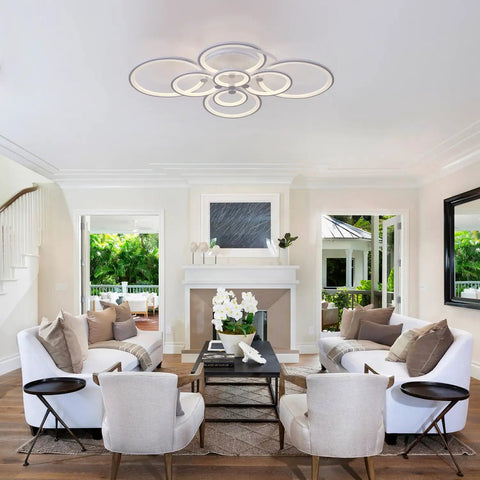 Cool 8-Ring LED Dimmable Ceiling Light With Remote, White Finish, in modern living room setting with white furniture and decor