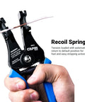 Hand holding Self Adjusting Wire Stripper With Micro Adjust Knob For Clean Strips From 24 To 10 AWG in use, close-up view.