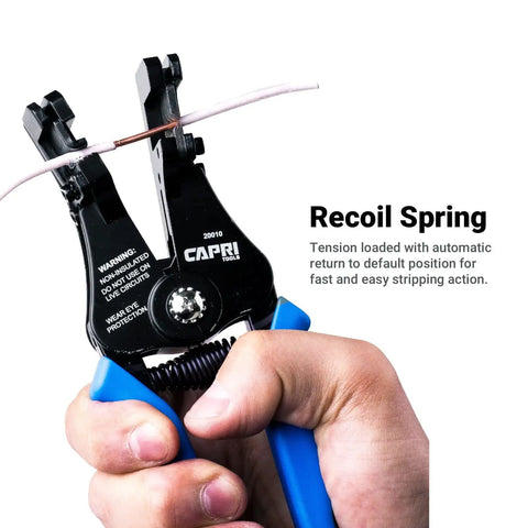 Hand holding Self Adjusting Wire Stripper With Micro Adjust Knob For Clean Strips From 24 To 10 AWG in use, close-up view.