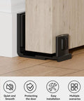 Sliding Barn Door Floor Guide Bottom Track With Adjustable U Shape Lightweight Aluminum Alloy Build Smooth Nylon Rollers Wall Mounted Hardware For Quiet Space Saving Glide And Modern Interior Setup, black floor guide on wood door