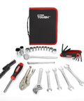 Auto And Motorcycle 51 Piece Tool Kit Set With Wrench Reversible Ratchet Spark Plug Sockets SAE And Metric 6 Point Sockets displayed