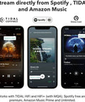 Three smartphones displaying music streaming apps for TIDAL, Spotify, and Amazon Music with connection options for AirPlay 2.