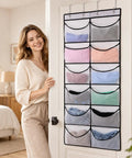 Over The Door Pocket Organizer With 12 Roomy Mesh Pockets And Heavy Duty Hooks Stores Hoodies Shoes Keeps Your Room Clean Without The Hassle Maxes Out Your Storage Game A Slick Space Saving Setup on a door with colorful items.