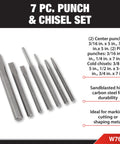 Pro Grade 7 Piece Punch And Chisel Set Built With High Carbon Steel shown with detailed specifications and uses.