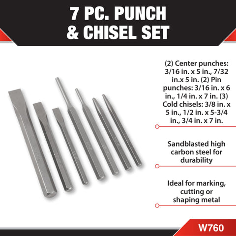 Pro Grade 7 Piece Punch And Chisel Set Built With High Carbon Steel shown with detailed specifications and uses.