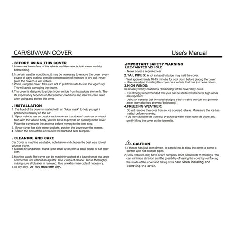 Chevrolet Corvette weatherproof car cover C4-C7 1984-2019 user's manual with installation and care instructions
