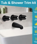 Matte Black 3 Piece Shower Knob And Tub Spout Kit For Tub Shower Faucets With Hot Cold Diverter Handles installed on tile wall
