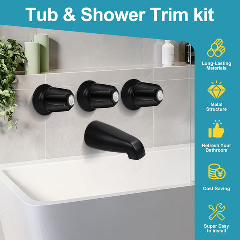 Matte Black 3 Piece Shower Knob And Tub Spout Kit For Tub Shower Faucets With Hot Cold Diverter Handles installed on tile wall