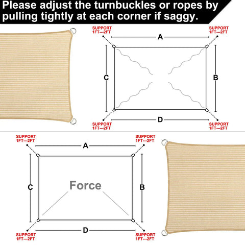 Diagram showing installation of Beige 5 By 8 Foot Sun Shade Sail With Straight Edge For Patio And Pergola Outdoor UV Protected HDPE Shade Fabric