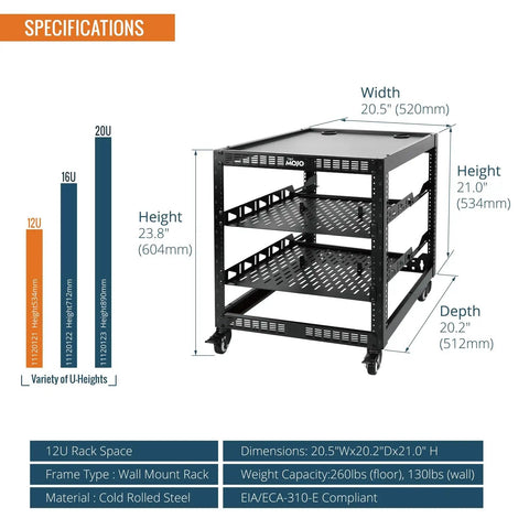 Specifications of 12U Open Frame Network Rack On Wheels With 4 Posts For IT And AV Gear, Mobile Steel Cabinet Includes 2 X 1U Server Shelves.