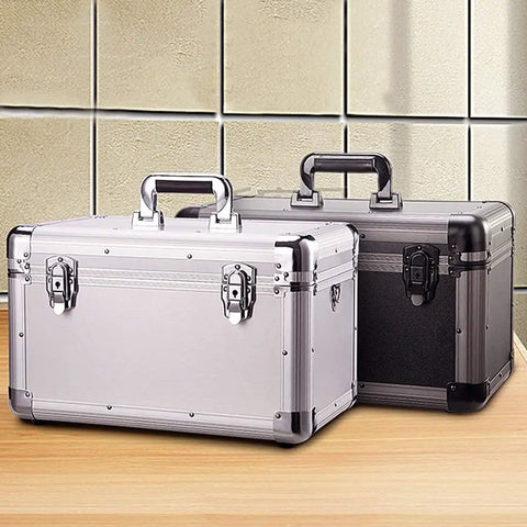 Heavy Duty Aluminum Tool Organizer Case With Weather And Dent Resistant Build Double Key Lock on wooden surface