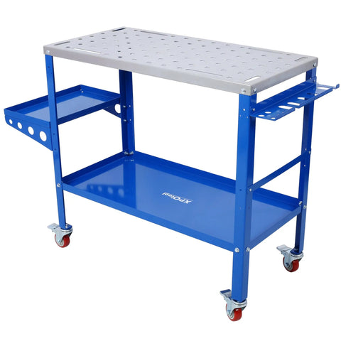 Hella Sturdy Carbon Steel Welding Table And Shop Ready Mobile Workbench 36 By 18 Inch with blue frame and wheels.