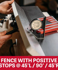 Heavy Six Inch Benchtop Jointer Delivering Smooth As Butter Finish Features adjustable fence with positive stops at various angles.