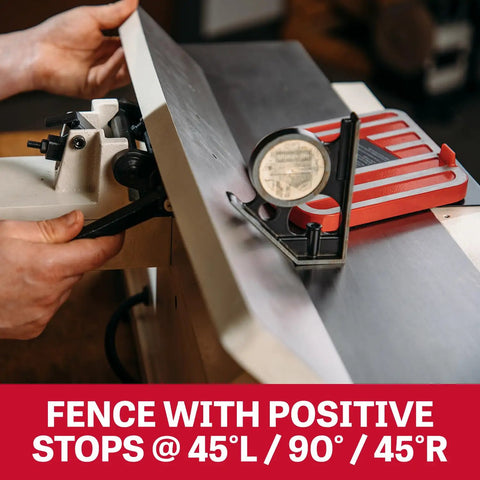 Heavy Six Inch Benchtop Jointer Delivering Smooth As Butter Finish Features adjustable fence with positive stops at various angles.