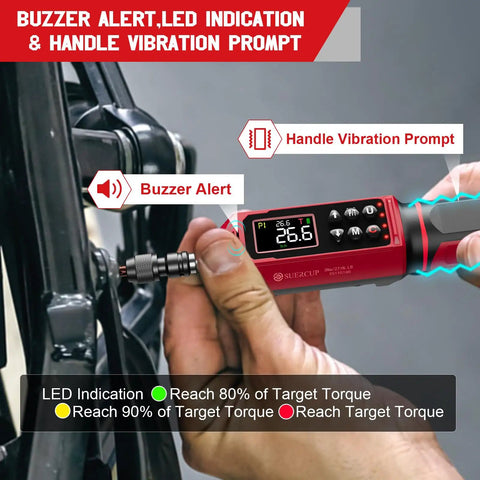 One Quarter Inch Digital Torque Screwdriver With Bright Colorful Large Display, 0.4 To 26.6 Inch Pounds Range, High Precision Pro Grade Plus Or Minus One Percent, Easy Readout For Precision Electronics And Tiny Builds, in use on bike wheel