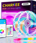 Two Rolls Of Hundred Feet LED Strip Lights 24V 5050 RGB Color Changing With App Control Music Sync Remote Non Waterproof For Bedroom Gaming Setup And Home Decor displayed with packaging and app interface.