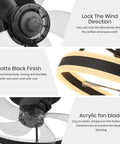 Detailed features of 20 Inch Low Profile Ceiling Fan With Lights Dope Modern Flush Mount Dimmable LED Chandelier Glow Black 360 Degree Oscillating With Remote Ideal For Bedroom Kitchen Living Room including matte black finish, lockable direction, and acrylic blade.