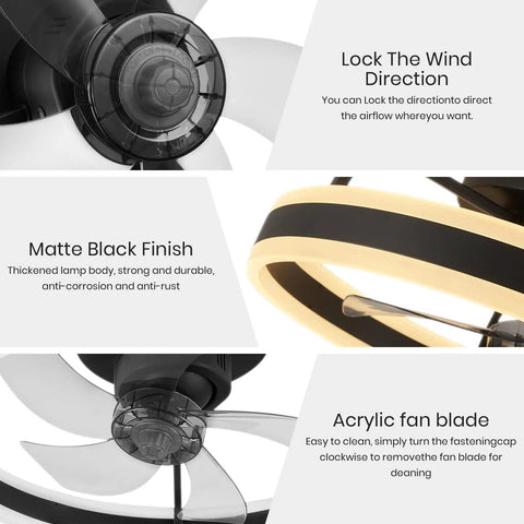 Detailed features of 20 Inch Low Profile Ceiling Fan With Lights Dope Modern Flush Mount Dimmable LED Chandelier Glow Black 360 Degree Oscillating With Remote Ideal For Bedroom Kitchen Living Room including matte black finish, lockable direction, and acrylic blade.