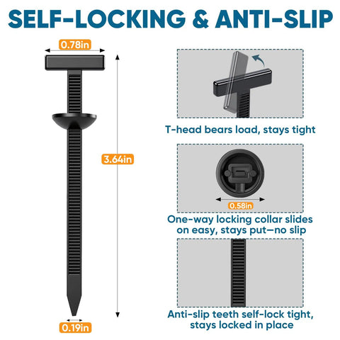 Dimensions and features of nylon cable tie from 200-Piece Nylon Universal Cable Tie Kit For Cars And Home Use.