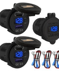 Straight Shooter 12V USB C Car Charger Socket 3 Pack, features dual USB ports and digital voltmeter in black finish.