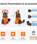 Go-To 1/3 HP Submersible Utility Pump With Auto Water Sensor and 2790 GPH High Flow, Portable Sump Drain with hose adapters