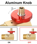 Air Tank Manifold Kit With Fill Port And Safety Valve, Aluminum Construction, Relief Bypass, gold brass manifold with red on/off knob