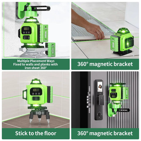 16 Line Laser Level 360 Self Leveling With 4x360 Green Cross Lines 4D Professional Layout Tool Includes 2 Batteries for precise wall and ceiling installations in various setups.