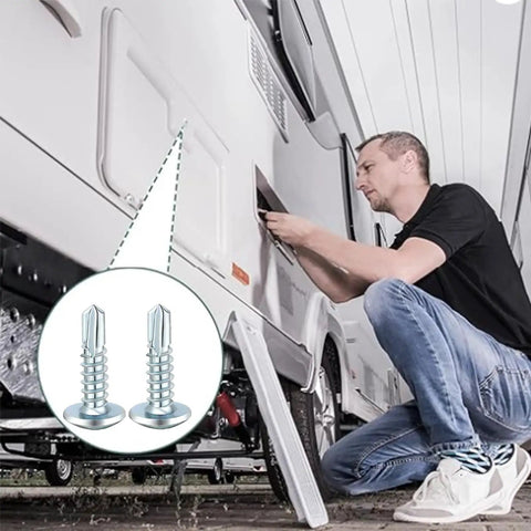 Heavy Duty Self Tapping And Self Drilling Trailer Screws Zinc Plated Rust Resistant Fasteners Built Like A Tank For Enclosed Car Haulers RV Panels No Sweat Install 150 Pack used on RV installation.
