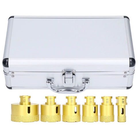 Top Rated Ftvogue Brazed Core Drill Hole Saw Set With 6 Pieces For Cutting Glass Tile Marble Granite Smoothly And Cleanly Without Breaking Edges On Your DIY Home Projects, silver case with six gold drill bits