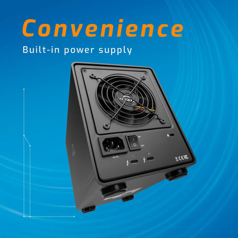Thunderbolt 4 16TB Raid Enclosure With Four Storage Bays serving Beast Mode power with built-in power supply and fan.