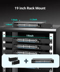 24 Port Gigabit PoE Switch With 300W Budget, 19-inch rack mount view, showing multiple switches stacked with dimensions and setup.
