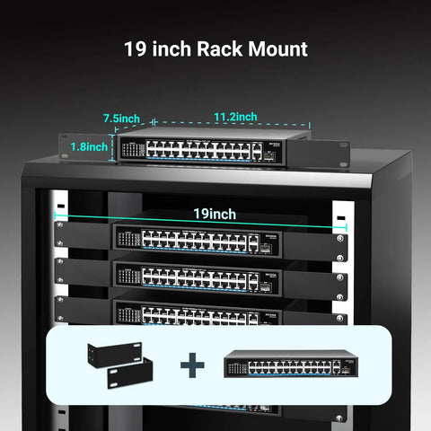 24 Port Gigabit PoE Switch With 300W Budget, 19-inch rack mount view, showing multiple switches stacked with dimensions and setup.