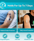 Two arms wearing Transparent Film Dressing 50 Pack No Hassle Waterproof Clear Bandages 4 By 5 Inches Hypoallergenic Latex Free Adhesive.