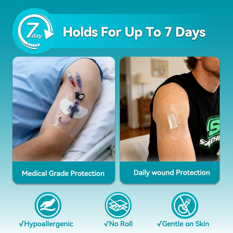 Two arms wearing Transparent Film Dressing 50 Pack No Hassle Waterproof Clear Bandages 4 By 5 Inches Hypoallergenic Latex Free Adhesive.