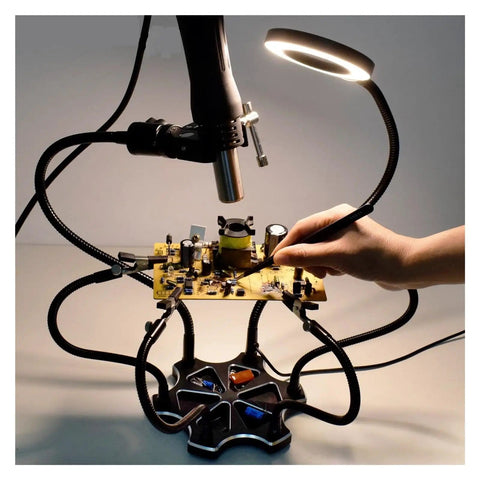 Adjustable Soldering Third Hand Tool With Gooseneck Arms PCB Holder Three LED Magnifying Lamp 0 To 55mm Clamp Electronics Repair Stand