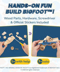 Hands holding Mini Monster Truck Wood Kit With Stickers For Kids Ages 5 To 8 Build Your Own Monster Truck With Real Tools STEM Craft Toy Officially Licensed Kid Approved Building Kit For Ages 5 6 7 8
