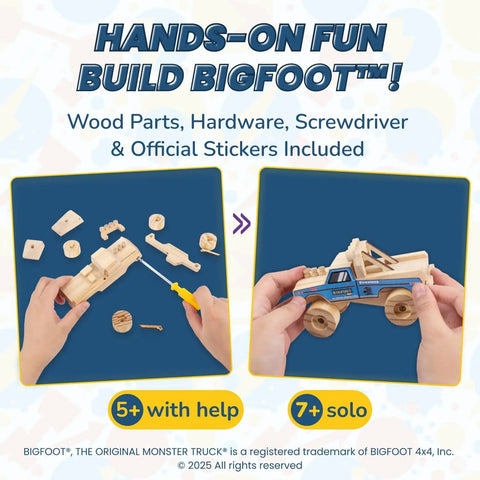 Hands holding Mini Monster Truck Wood Kit With Stickers For Kids Ages 5 To 8 Build Your Own Monster Truck With Real Tools STEM Craft Toy Officially Licensed Kid Approved Building Kit For Ages 5 6 7 8