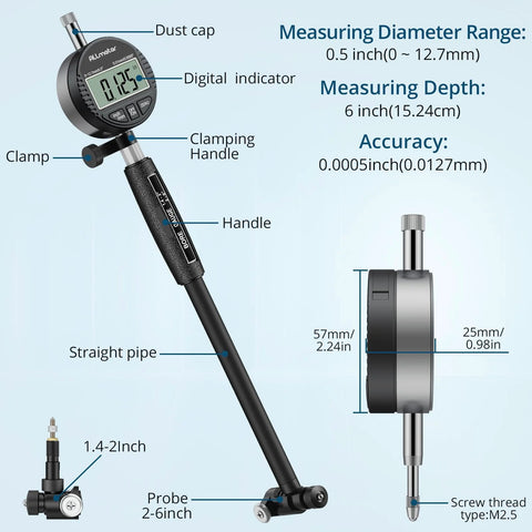 Front view of ALLmeter dial indicator bore gauge on adjustable arm with clamp and probe; 1.4–6 in range, 15 anvils, 6 in depth.