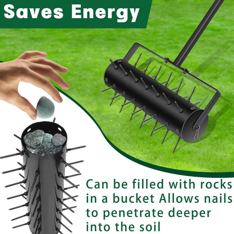 Manual 18 Inch Lawn Aerator Tool With 55 Inch Stainless Steel Handle Rolling Lawn Aerator For Garden And Patio Back Saver Ergonomic Design With Padded T Bar And Handle Cover For Easy Soil Aeration shown with spike detail on green lawn