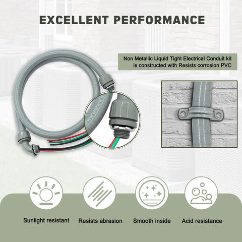 Power Whip Assembly Kit Half Inch By Six Foot Non Metallic Liquid Tight Flexible Electrical Conduit With Ten AWG Copper Wire