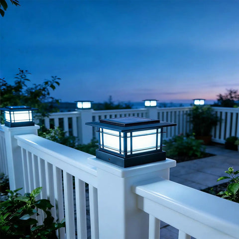 4x4 Solar Post Cap Lights Set No Fuss Dual Color Modes Warm White And Cool White on fence at dusk.