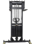 Front view of Rock Solid DC Powered Electric Pallet Stacker with adjustable forks, 63-inch lift height, and leveling legs.