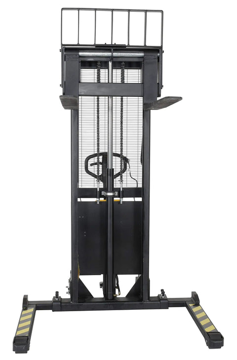 Front view of Rock Solid DC Powered Electric Pallet Stacker with adjustable forks, 63-inch lift height, and leveling legs.