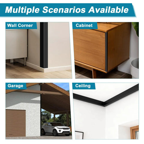 Heavy Duty Self Adhesive Wall Corner Protectors 45 By 1 Inch Solid Aluminum Corner Guards Black in various applications like wall, cabinet, garage, and ceiling.