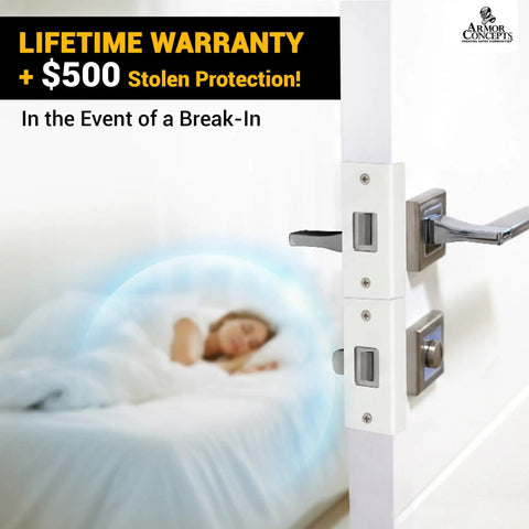 Image showing Door Armor Max Single Door Security Kit Reinforcement for jamb frame and hinges with lifetime warranty offer.