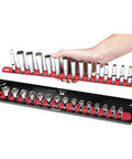 Hand holding Socket Boss 2-Rail 3/8-Inch Drive Socket Organizer, 19-Inch Red Storage Tray for Mechanics and Auto Techs