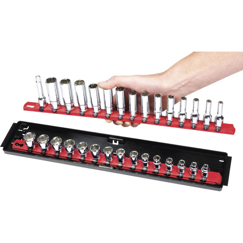 Hand holding Socket Boss 2-Rail 3/8-Inch Drive Socket Organizer, 19-Inch Red Storage Tray for Mechanics and Auto Techs